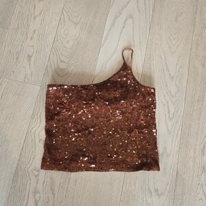 Express Brown Velvet One-Shoulder Sequin Top Y2k